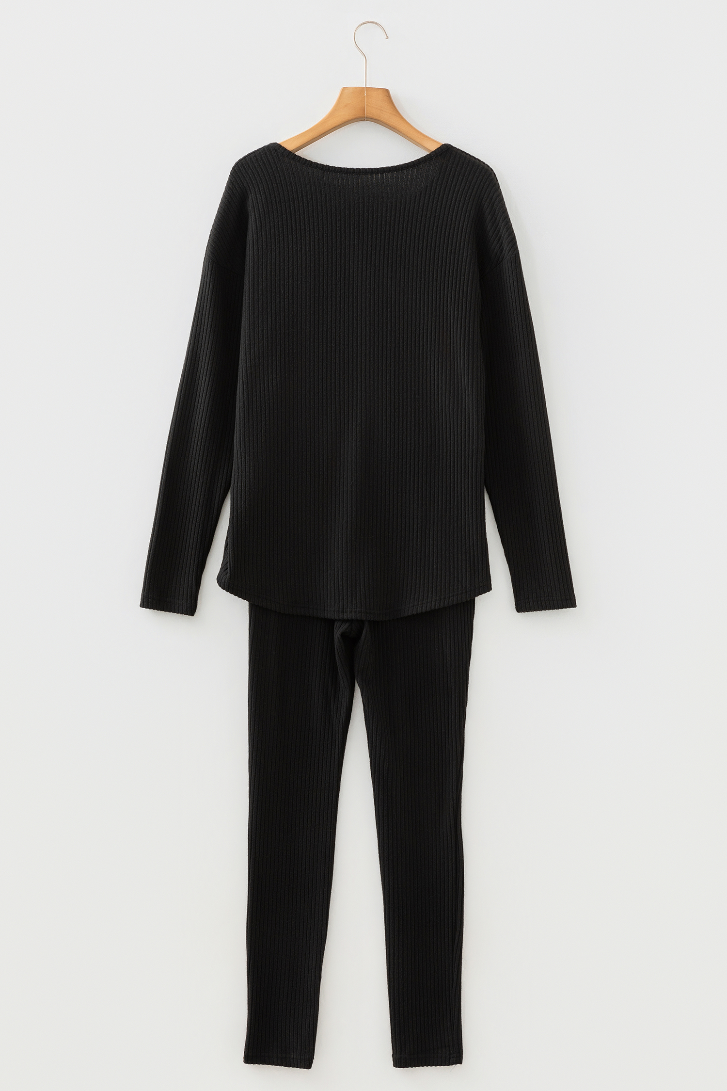Black Ribbed Notched Neck Knit Long Sleeve Leggings Two Pieces Lounge Set