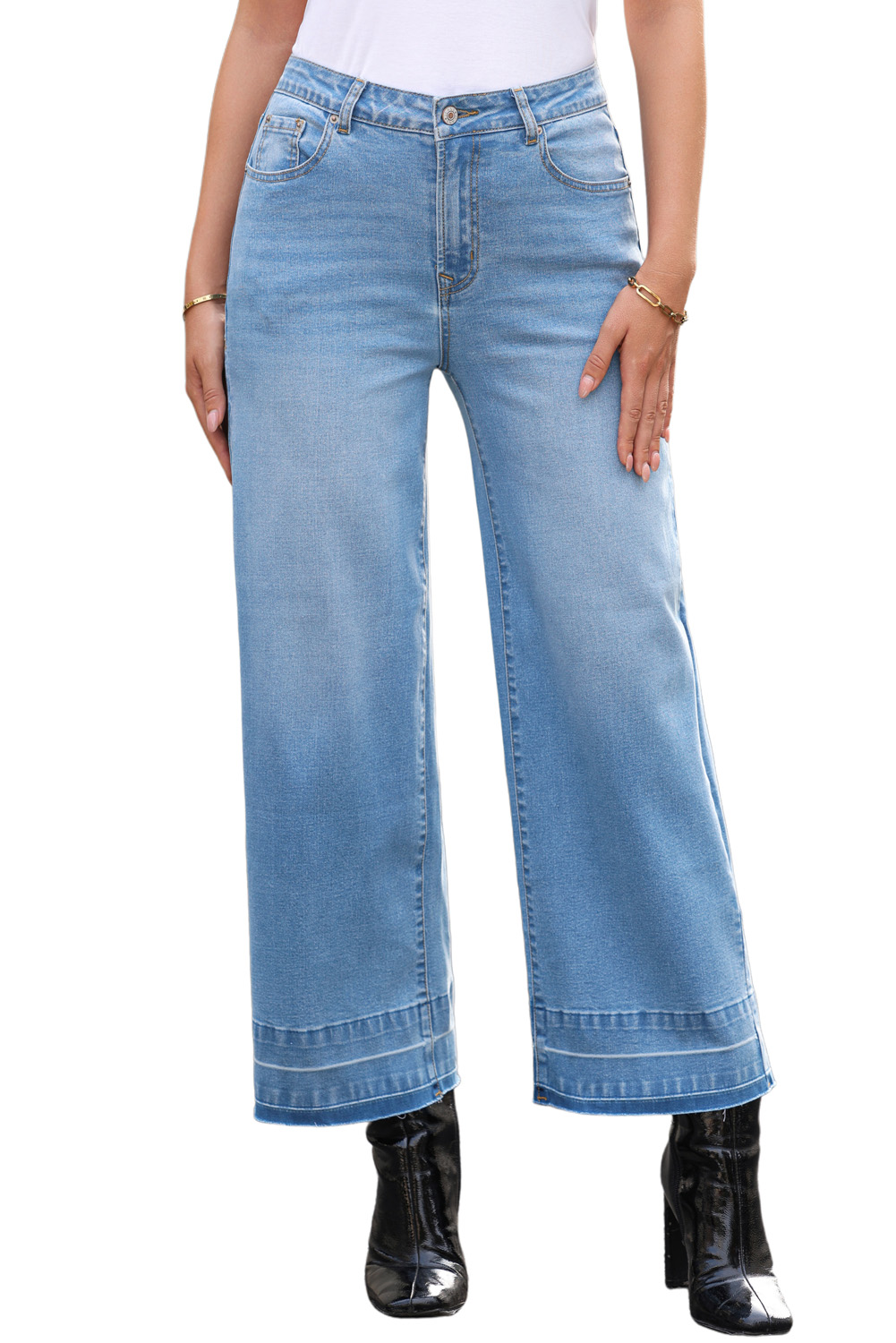Gray Raw Hem Straight Leg Loose High Waist Jeans