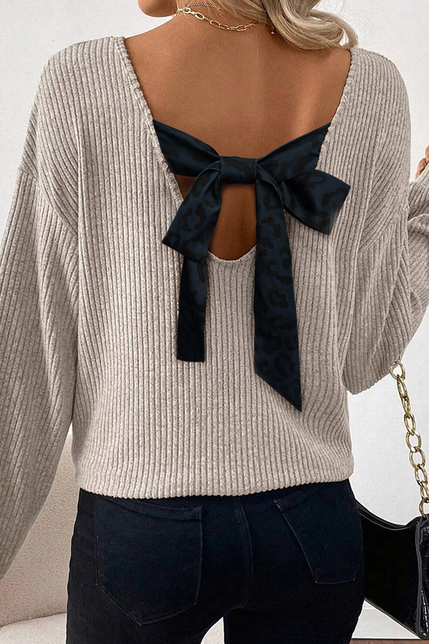 Racing Red Ribbed V Neck Contrast Ribbon Bow Back Drop Shoulder Long Sleeve Top