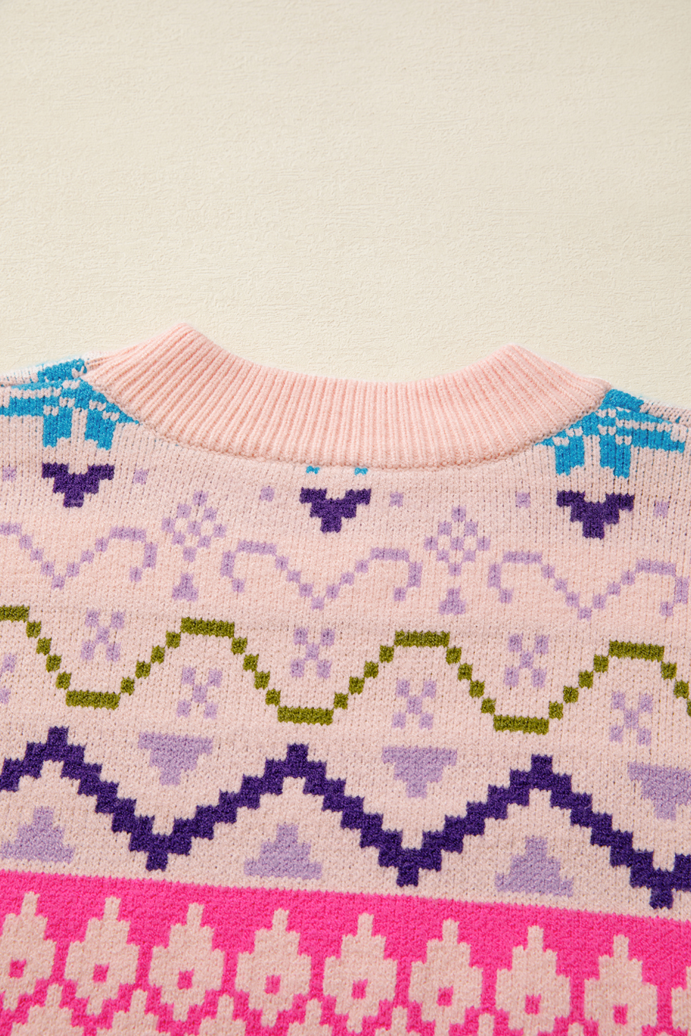 Multicolour Ethnic Christmas Pattern Knit Feather Cuffed Sweater