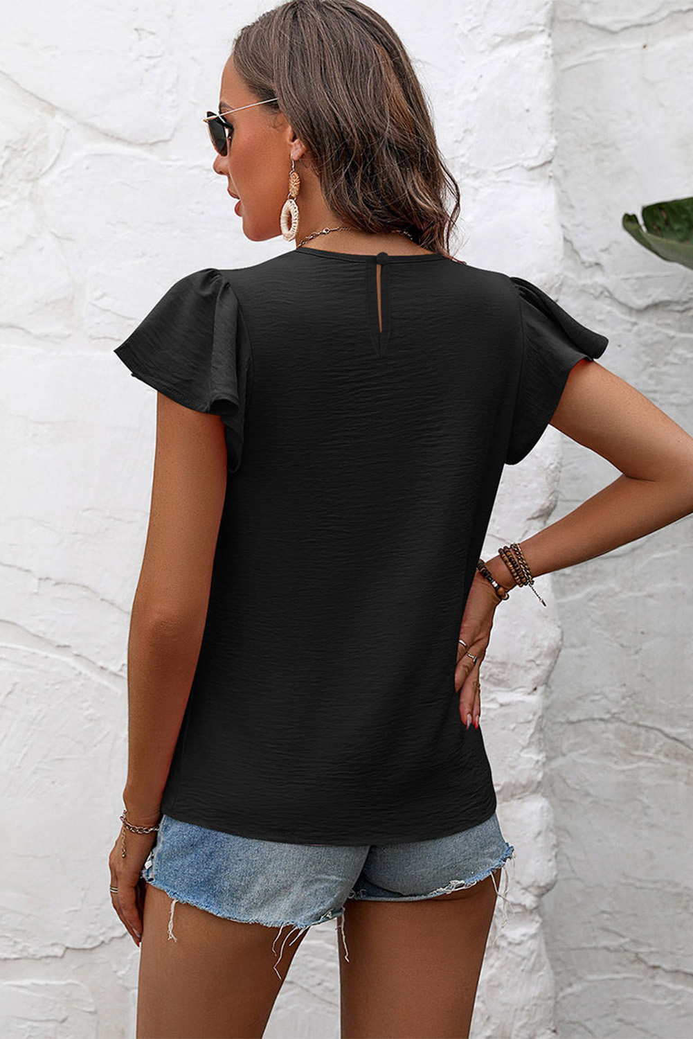 Black Flounce Sleeve Pleated Textured Blouse