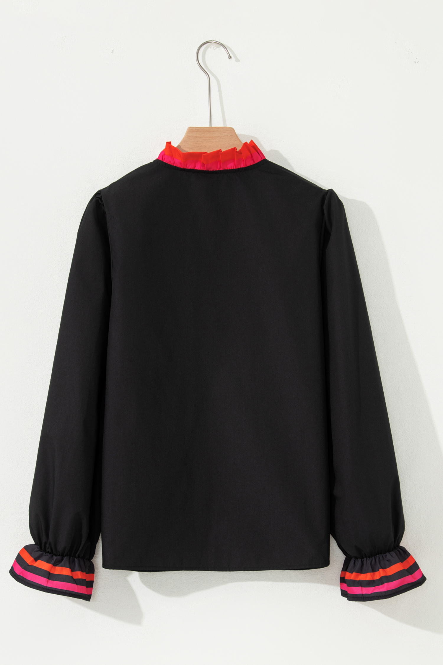 Four Leaf Clover Striped Trim Ruffle Split Neck Long Sleeve Blouse