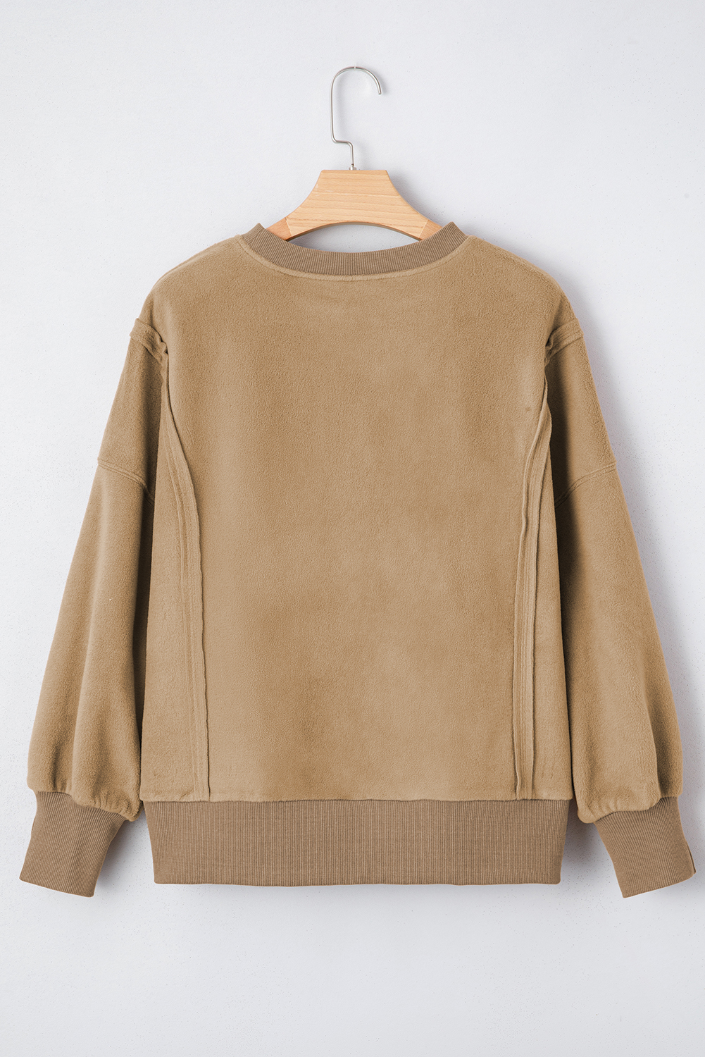 Dark Khaki Fuzzy Sherpa Splicing Pullover Sweatshirt with Side Slit