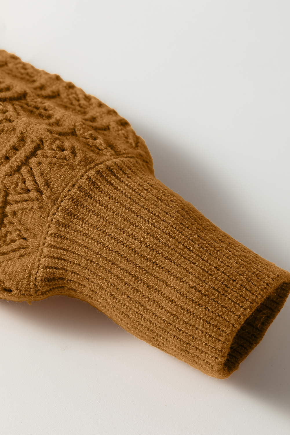 Jurassic Gold Hollow Out Crochet Ribbed Edge Balloon Sleeve Sweater