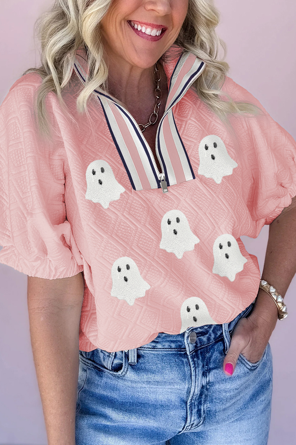 Wisteria Glitter Trim Chenille Ghost Patched Halloween Graphic Tee