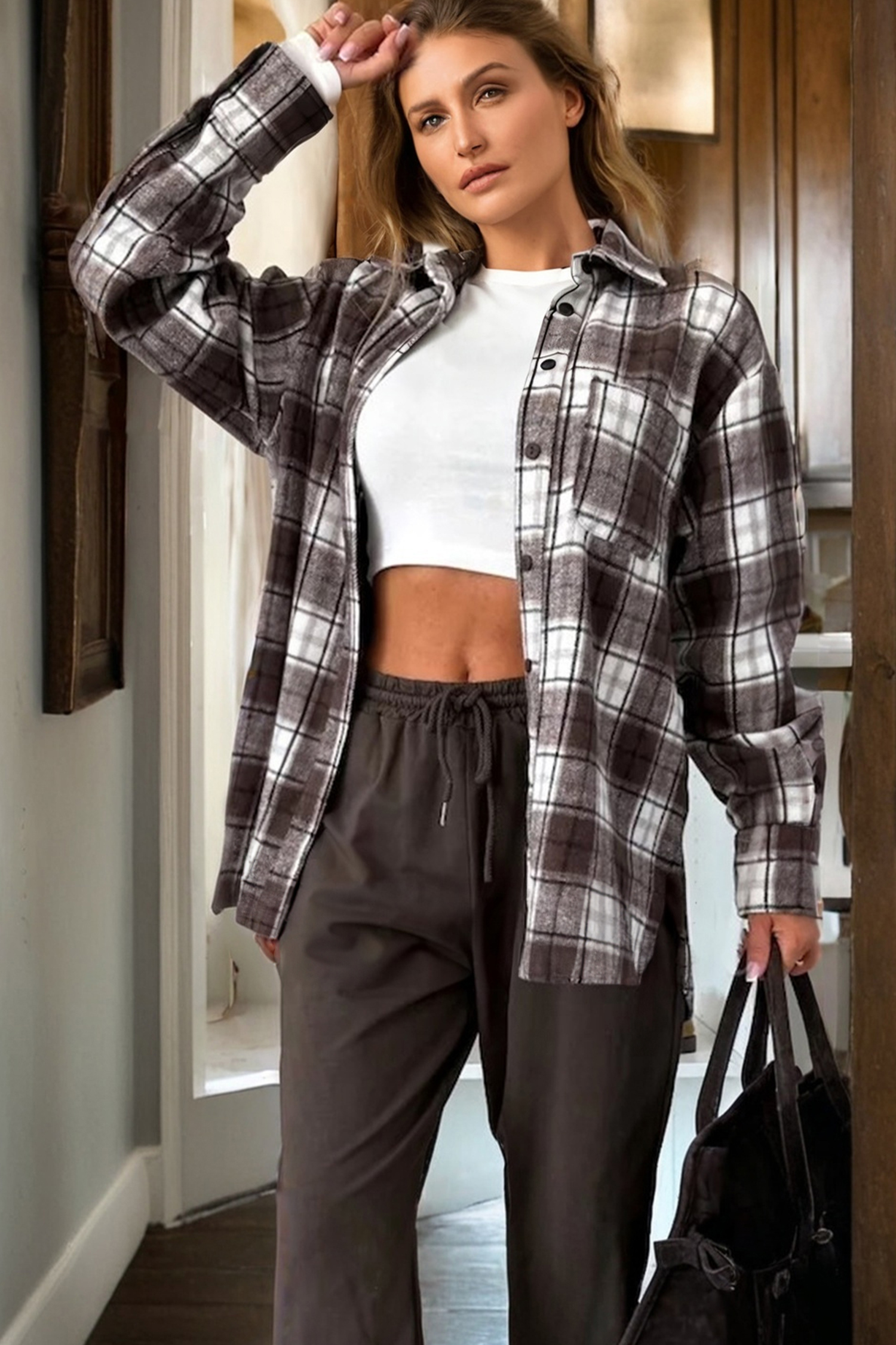 Dark Brown Flanel Plaid Single Chest Pocket Boyfriend Shacket