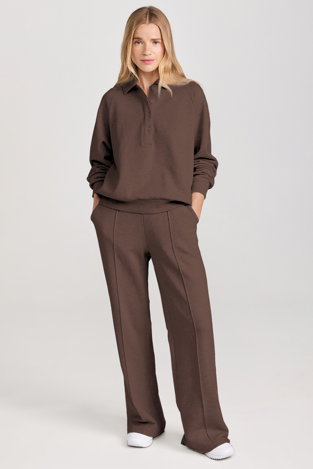 Dark Brown Solid Collared Sweatshirt and High Waist Pants Active Set
