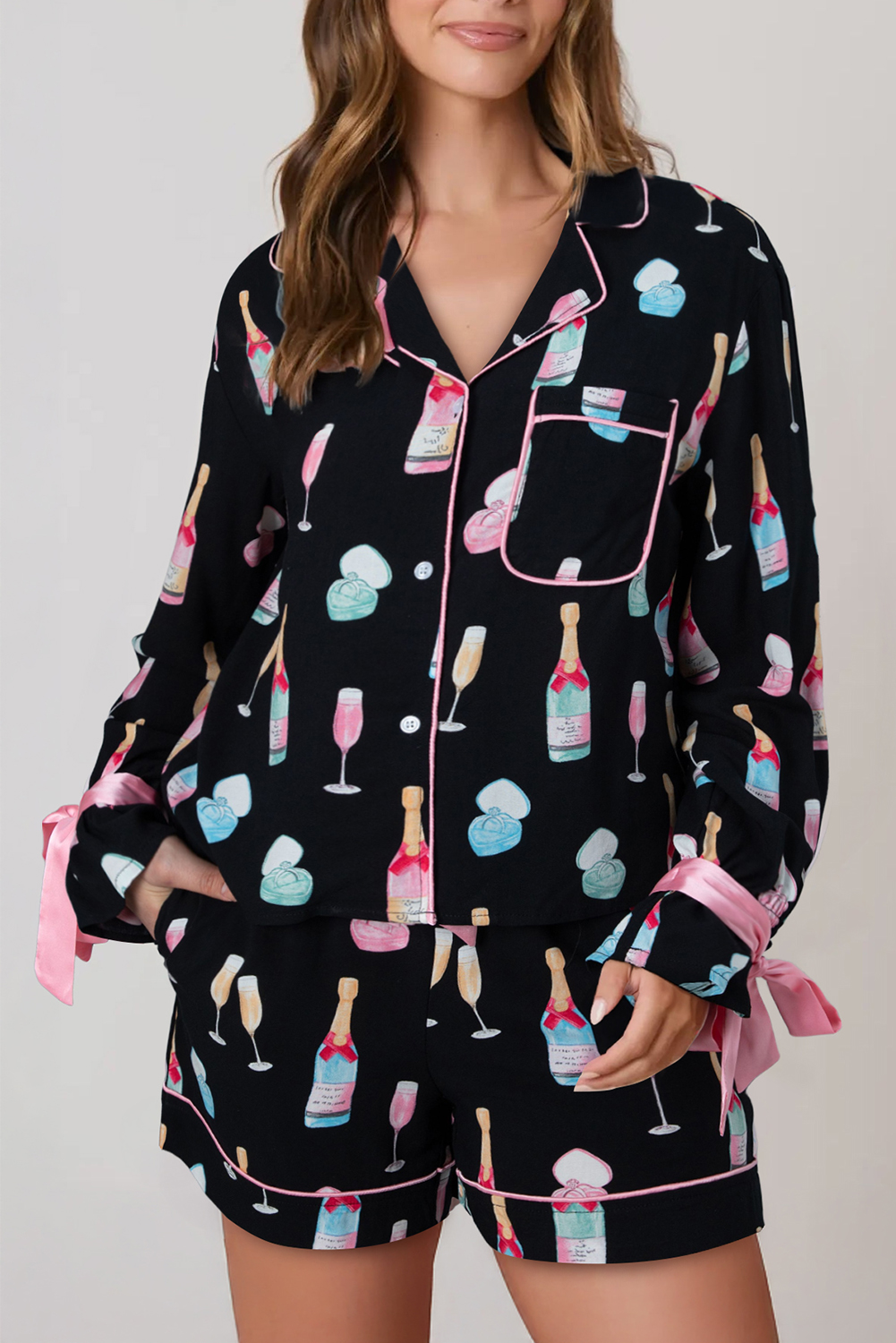 White Christmas Wine Glass Print Bow Knot Two Piece Pajama Set