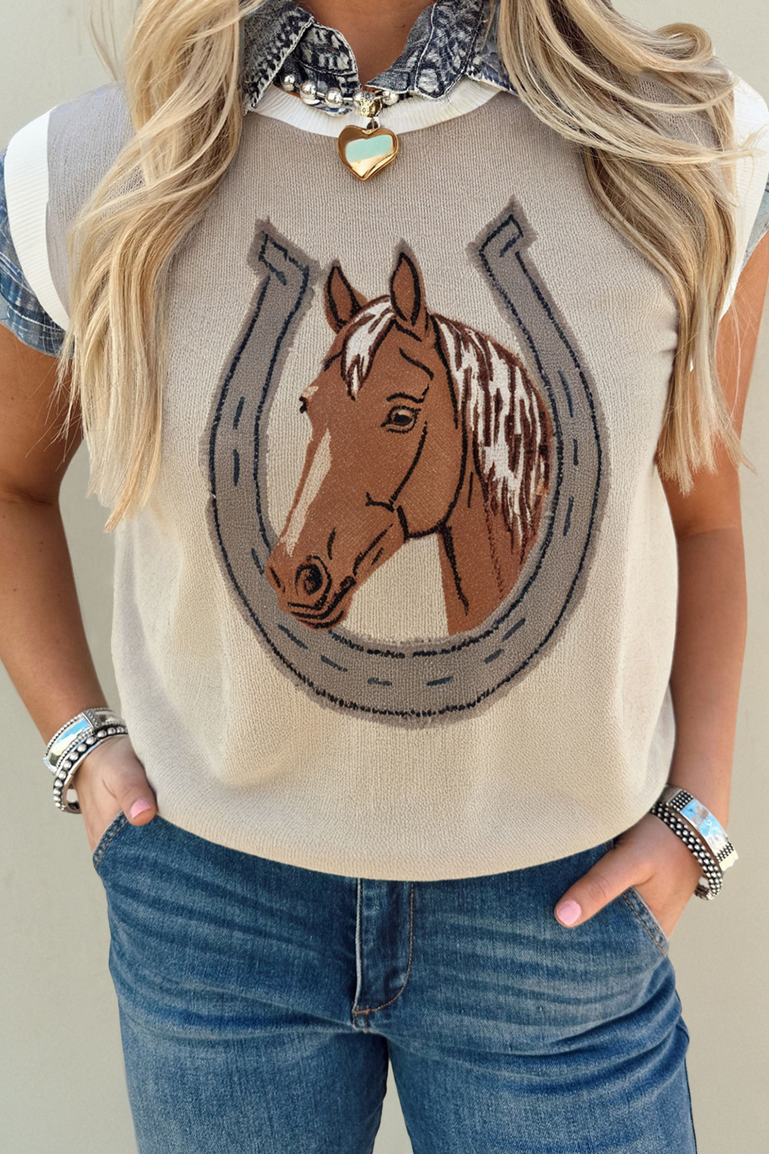 Parchment Horse Shoe Print Color Block Trim Round Neck Sleeveless Sweater