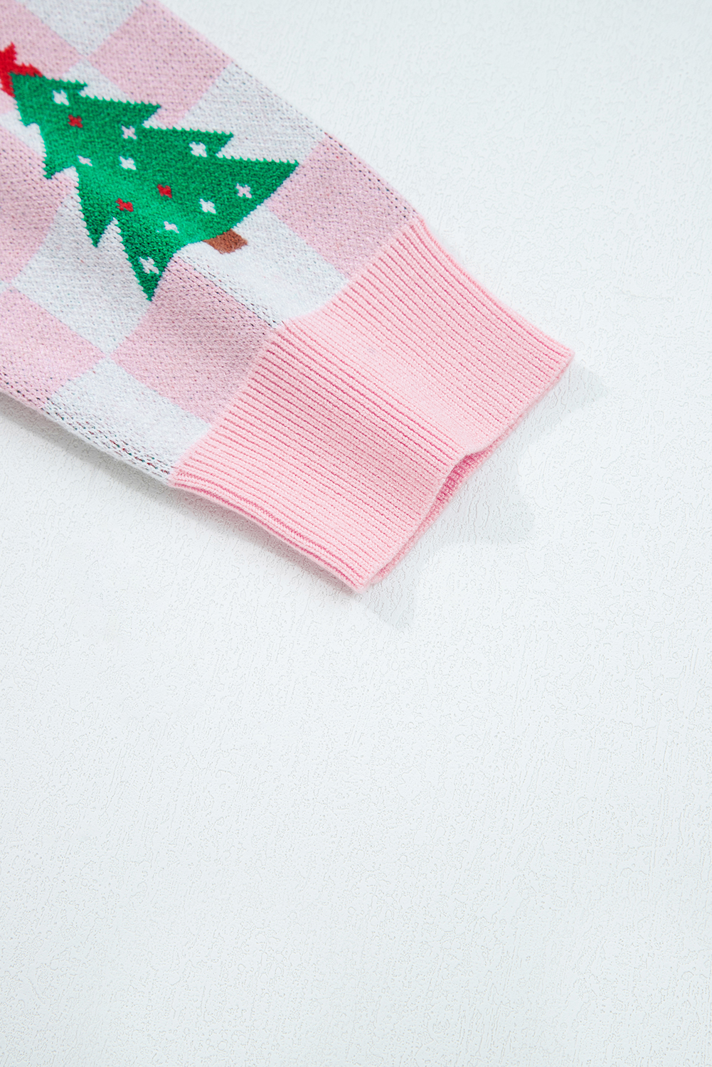 Pink Checkered Christmas Tree Pattern Button V Neck Cardigan Sweater