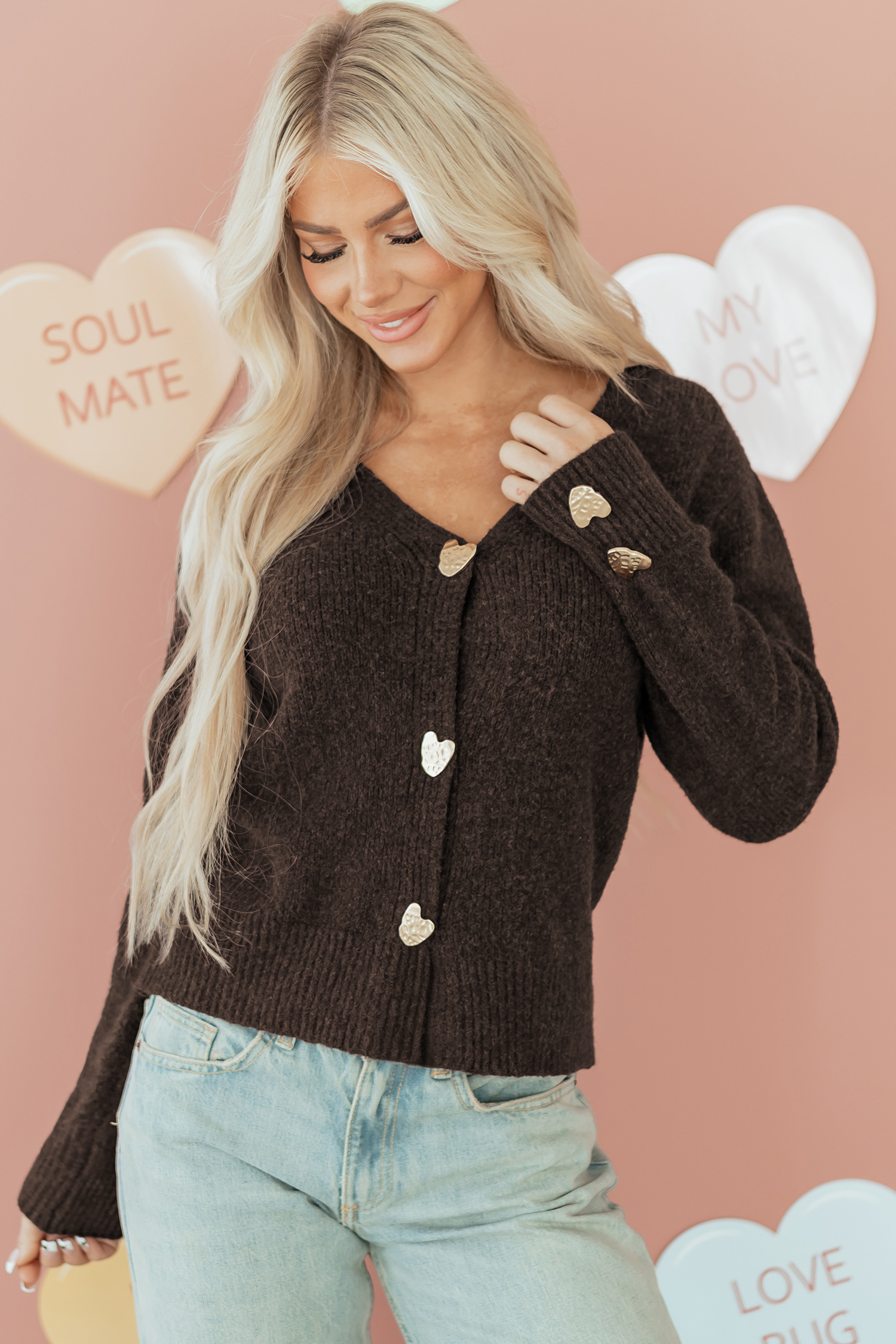 Fiery Red Heart Metal Button V Neck Cardigan Sweater