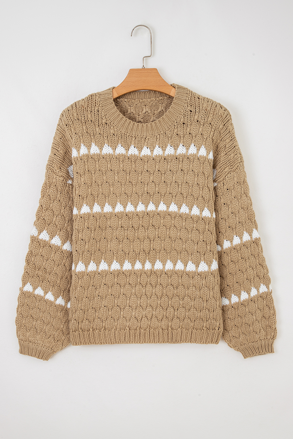 Pale Khaki Contrast Detail Textured Knit Puff Sleeve Baggy Sweater