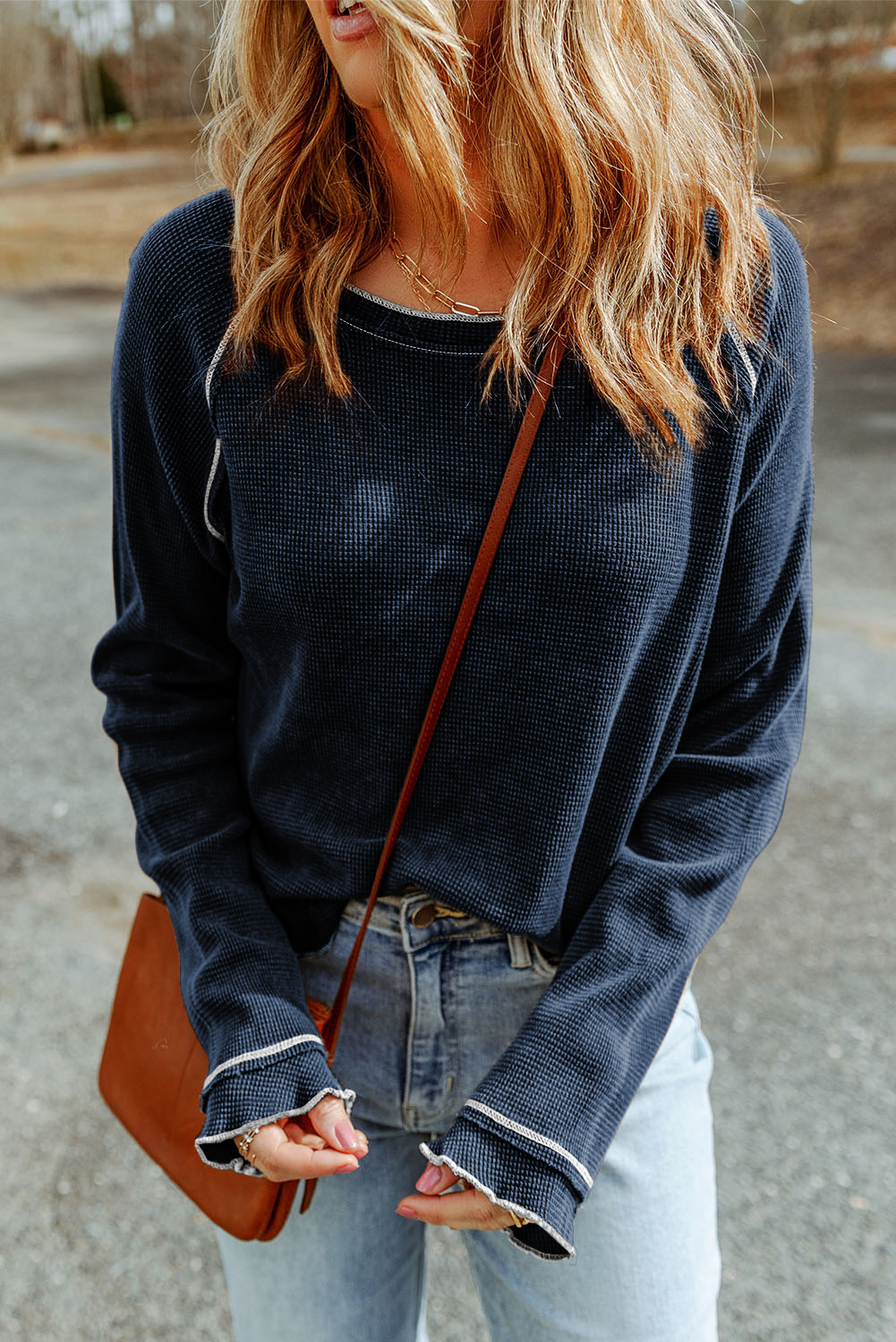 Smoke Gray Textured Round Neck Long Sleeve Top