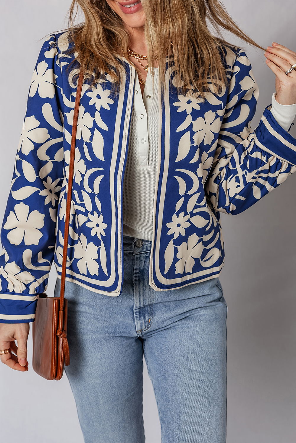 Blue Flower Print Open Front Buttoned Cuffs Elegant Jacket