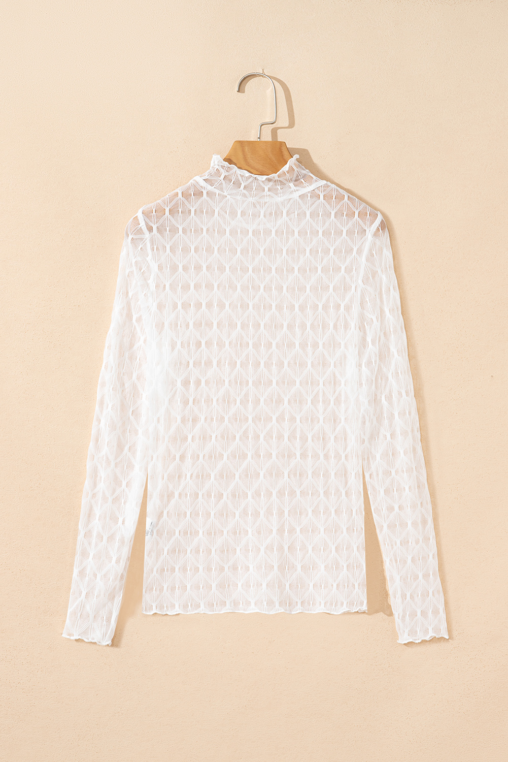 Coffee Sheer Mesh Patterned Lettuce Trim Slim Long Sleeve Top