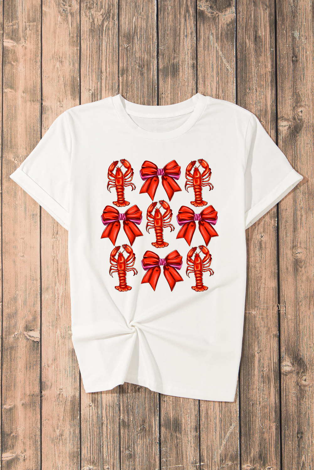 White Crawfish Bow Printed Casual T Shirt