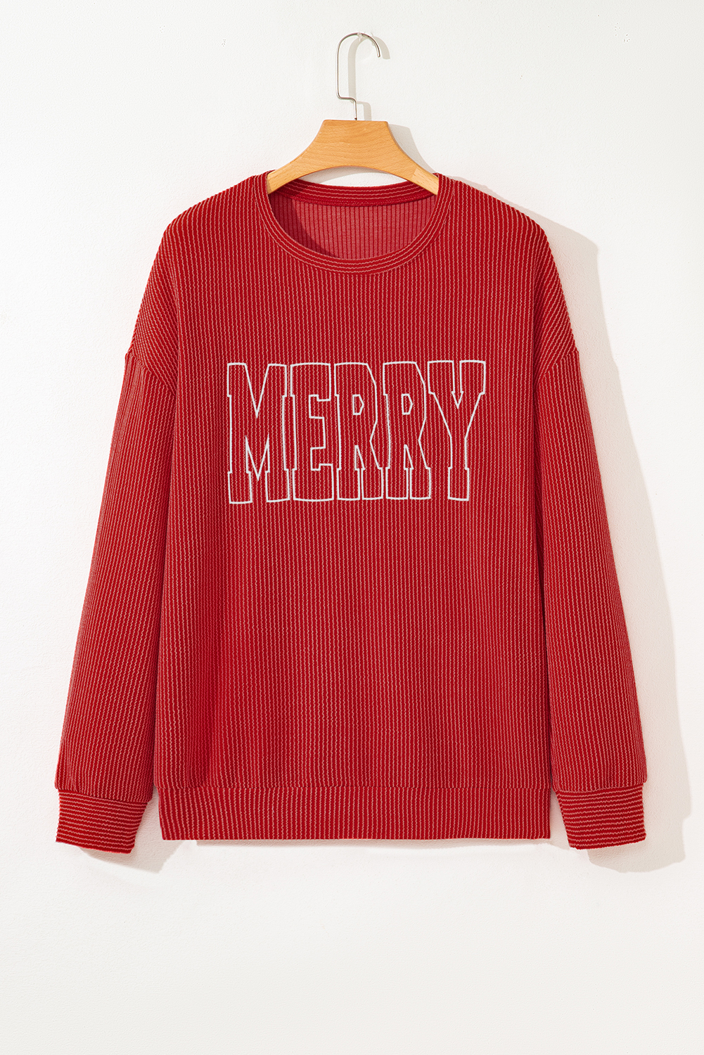 Evergreen Twisted Rib Outlined Merry Letter Graphic Loose Long Sleeve Top
