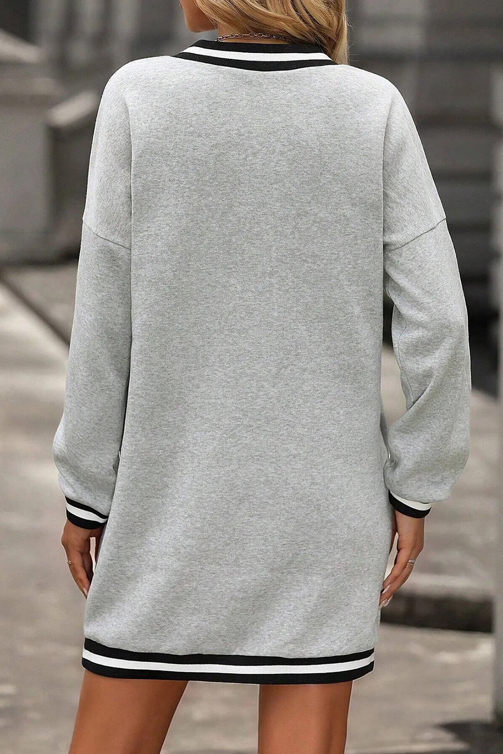Light Grey Striped Trim V Neck Long Sleeve Preppy T Shirt Dress