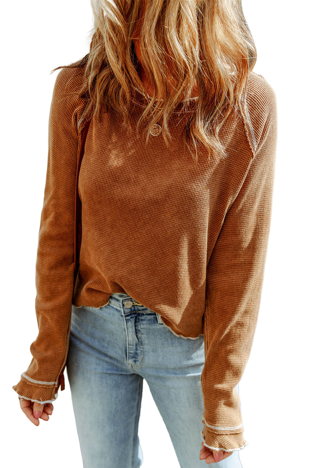 Smoke Gray Textured Round Neck Long Sleeve Top
