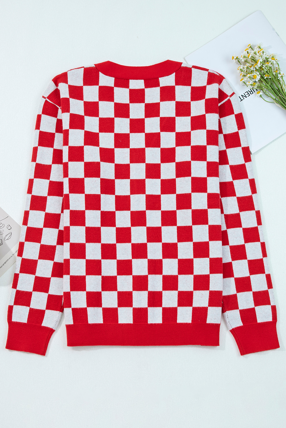 Pink Checkered Christmas Tree Pattern Button V Neck Cardigan Sweater