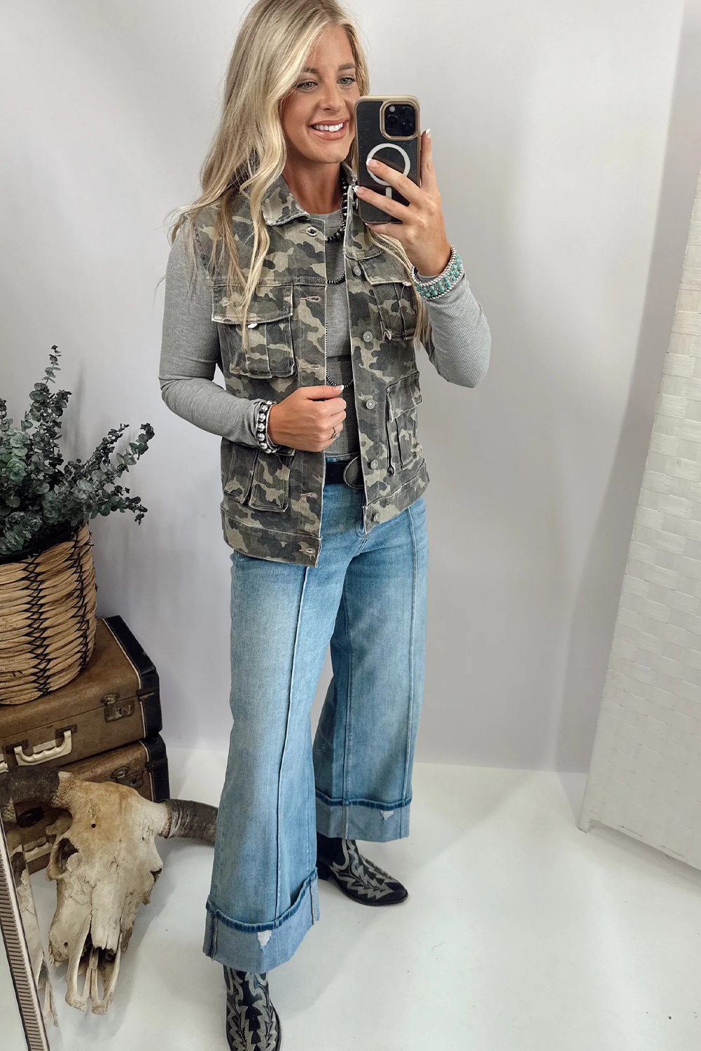 Green Camo Cargo Denim Vest