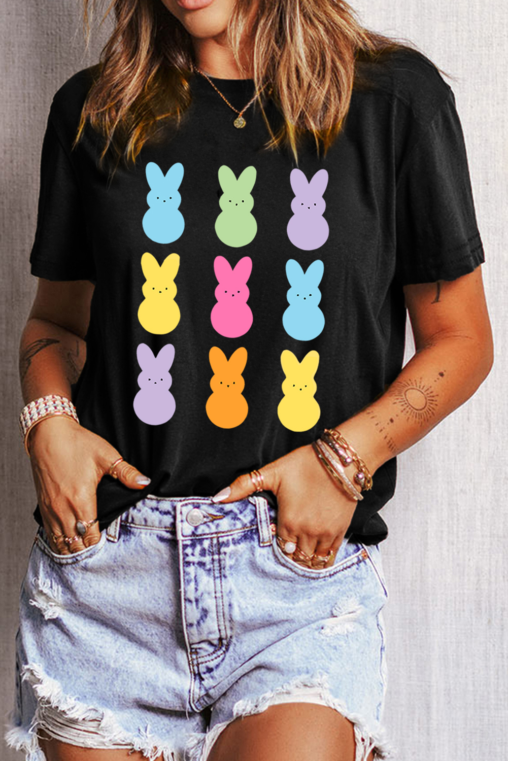 Black Easter Rabbit Print Crew Neck T Shirt