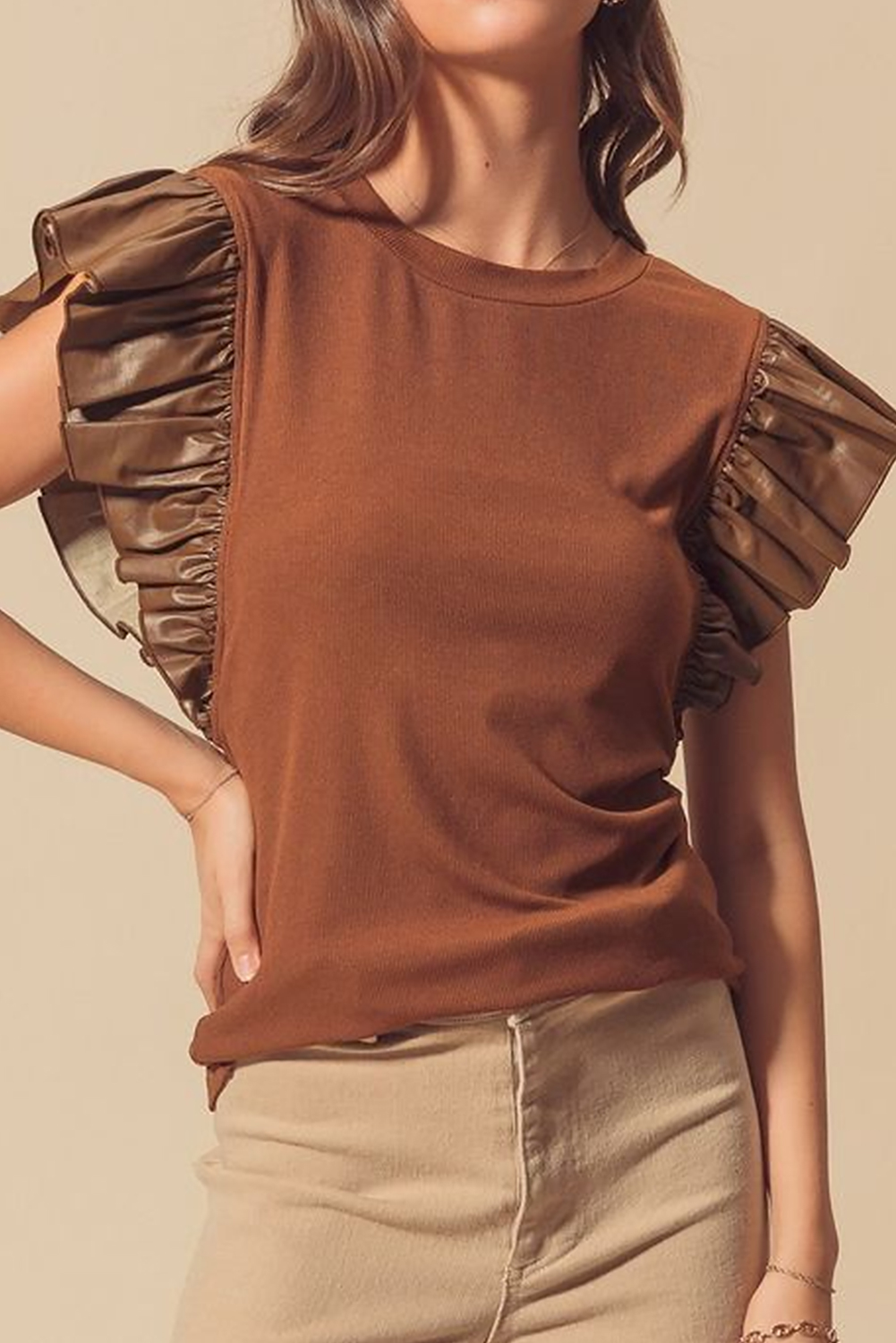 Black GAME DAY Checkered Letter Graphic Leatherette Ruffle Sleeve Top