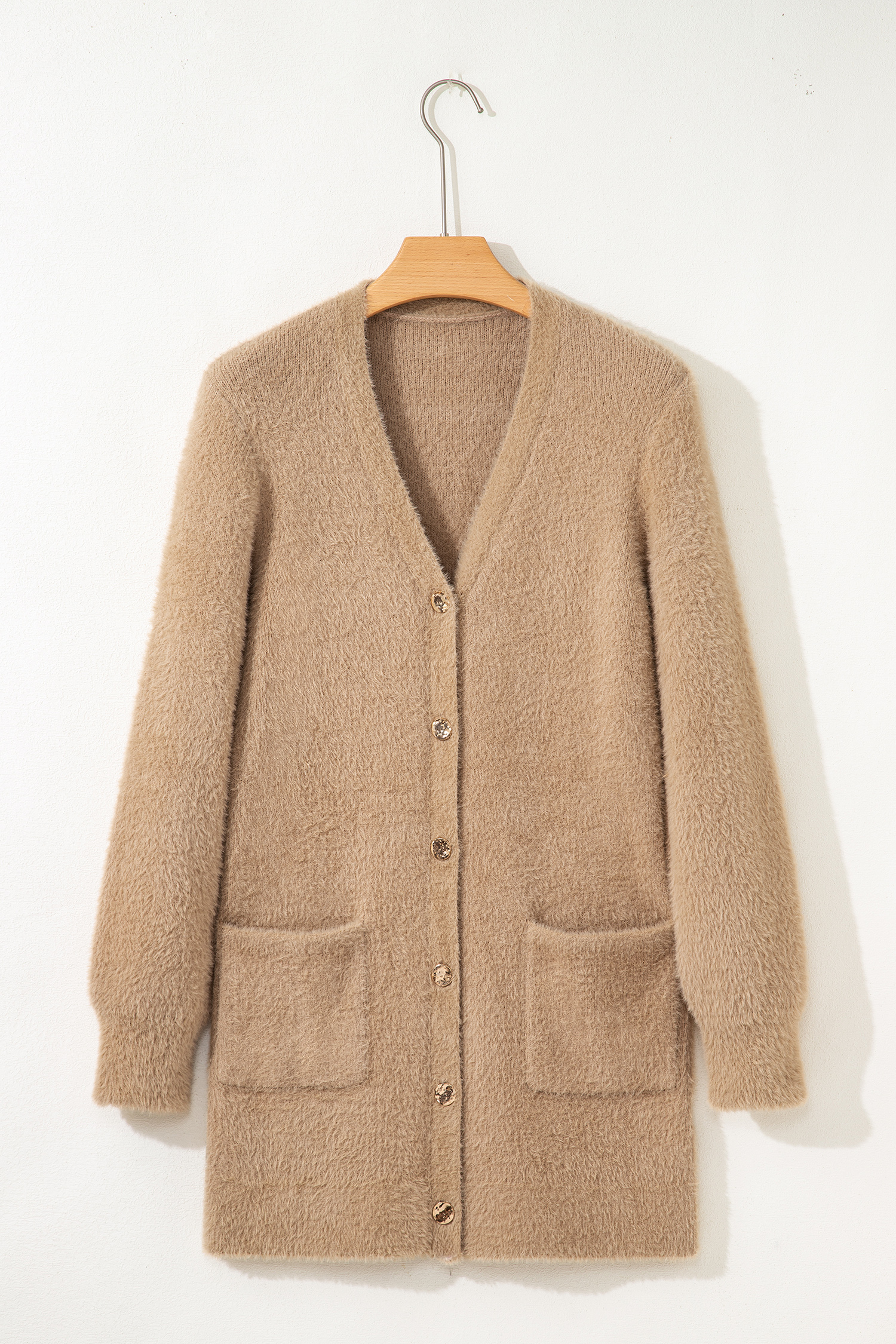 White Fuzzy Buttoned Front Midi Solid Cardigan