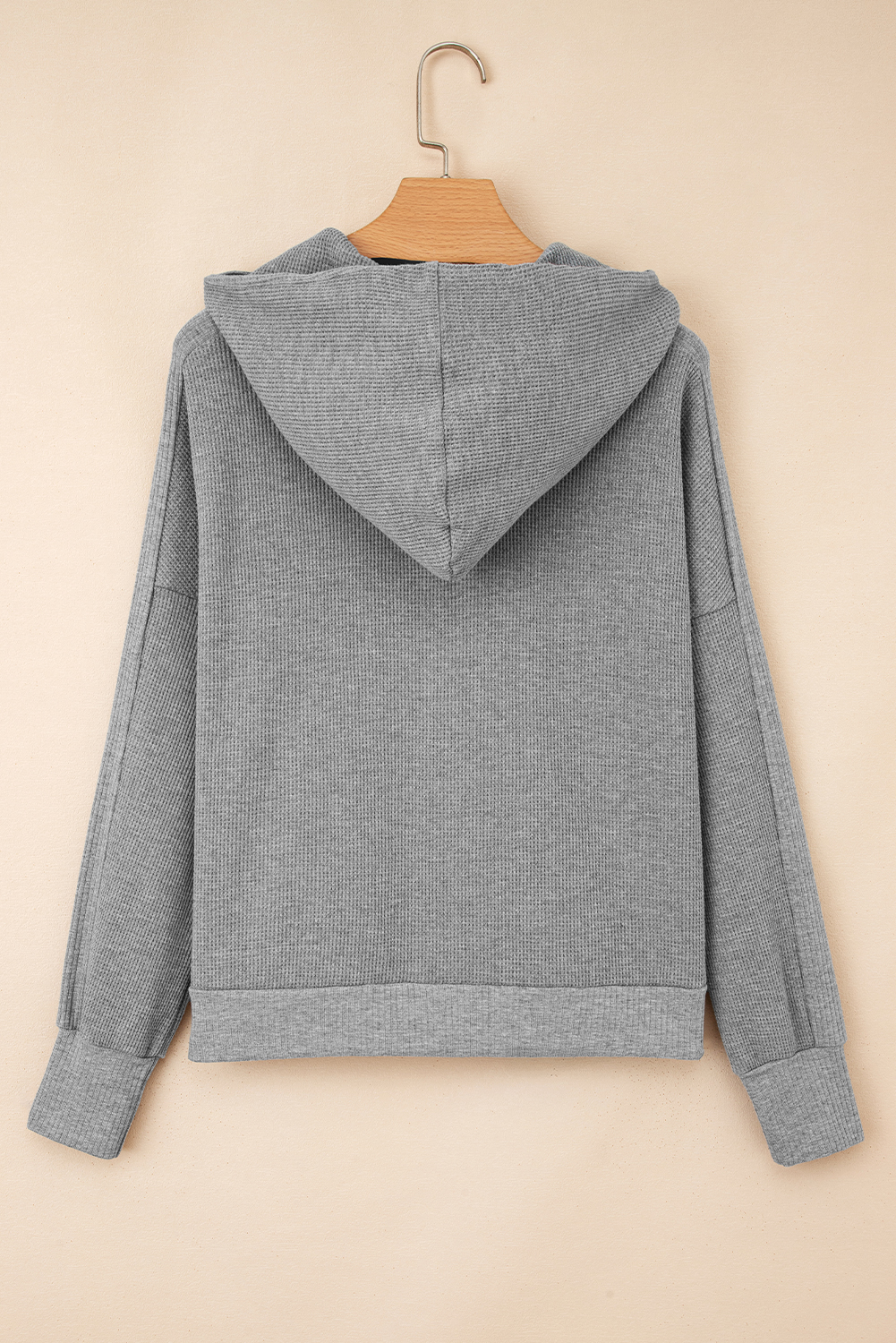 Burgundy Waffle Splicing Zip Up Front Button Hooded Jacket