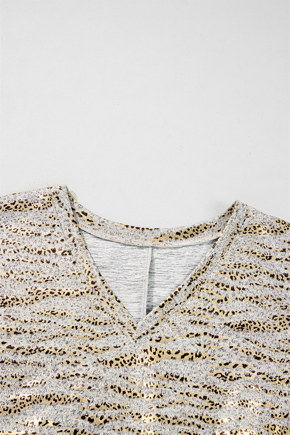 Gray Leopard Print Half Sleeve V Neck Loose Fit T Shirt