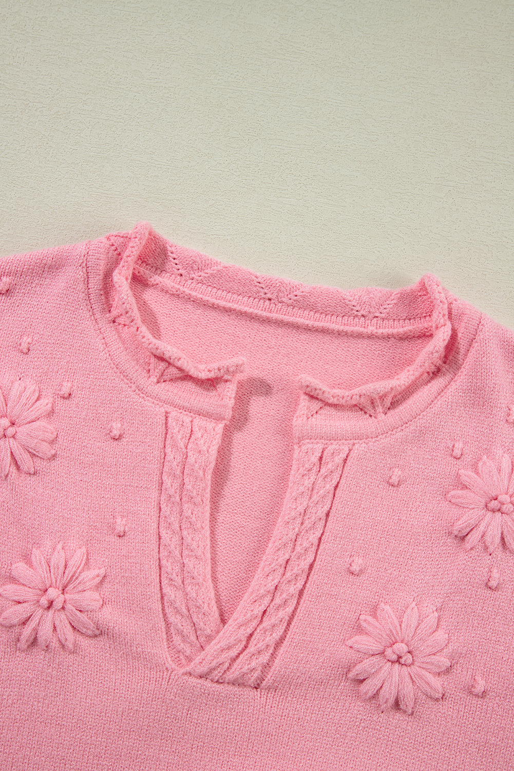 Beau Blue Flower Detail Knitted Notched Neck Sweater