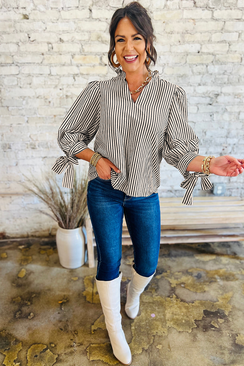 Black Stripe Knotted Cuff Long Sleeve V Neck Blouse