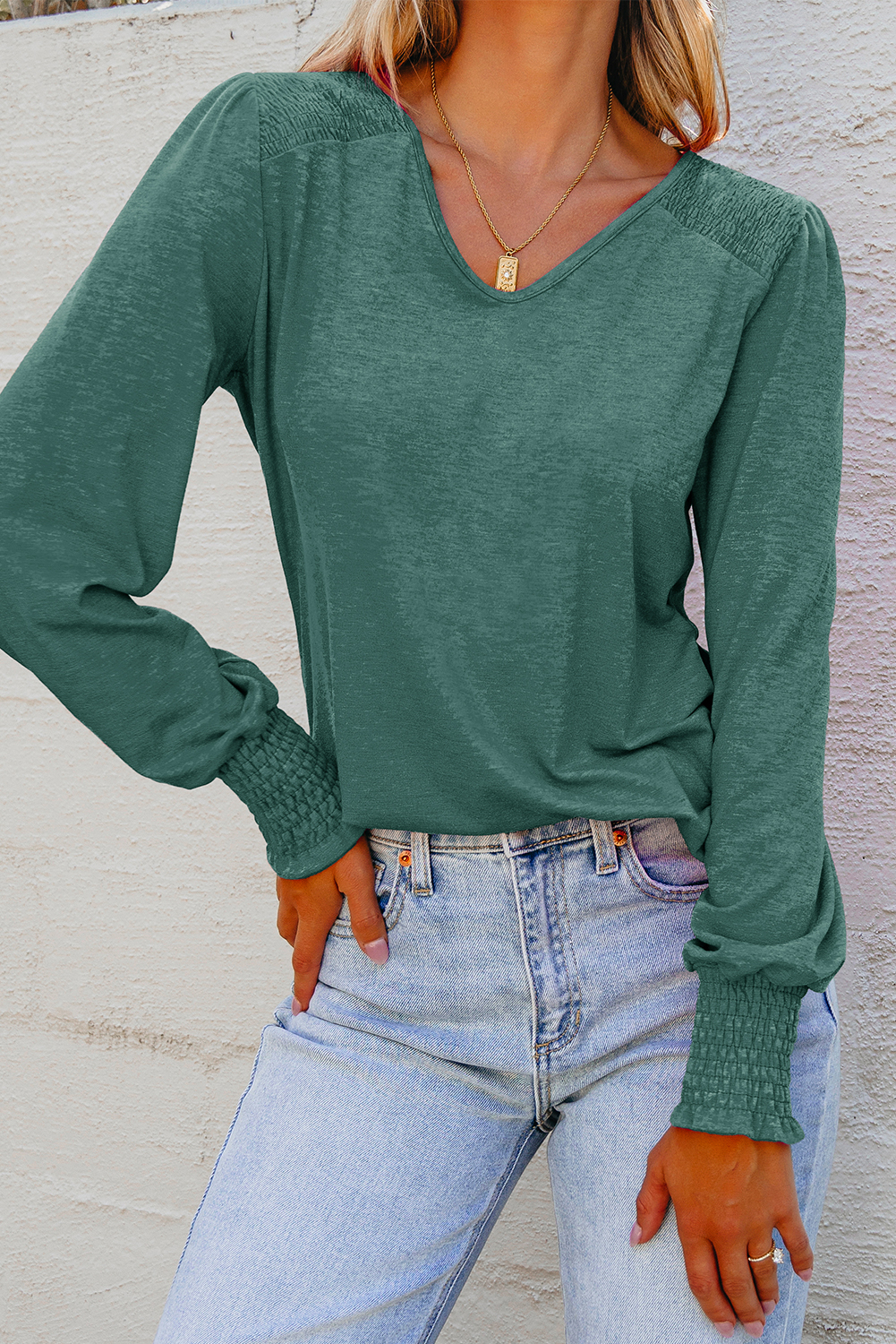 Beige Shirred Shoulder Frilled Cuffs Long Sleeve Top