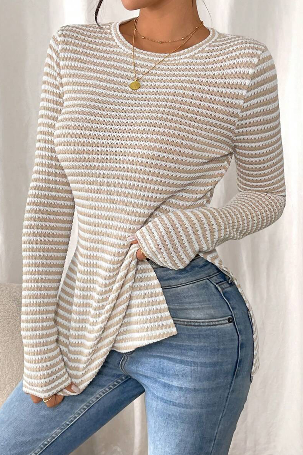 Jet Stream Striped Knit Side Slit Slim Round Neck Tunic Top