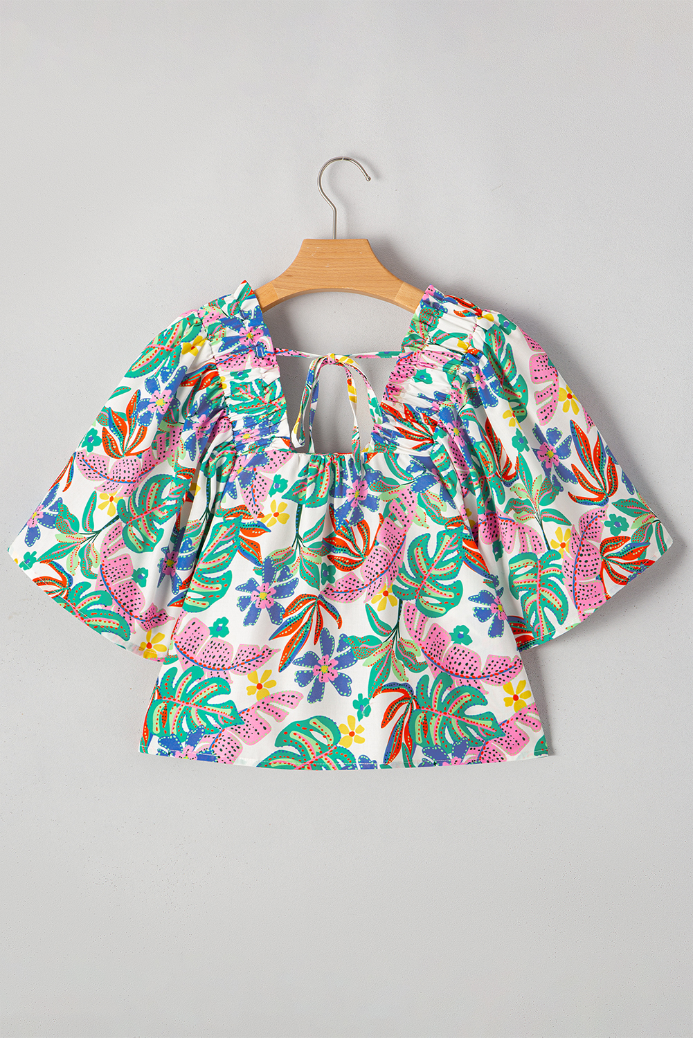 Green Plant Print Loose Fit Puff Sleeve Square Neck Blouse