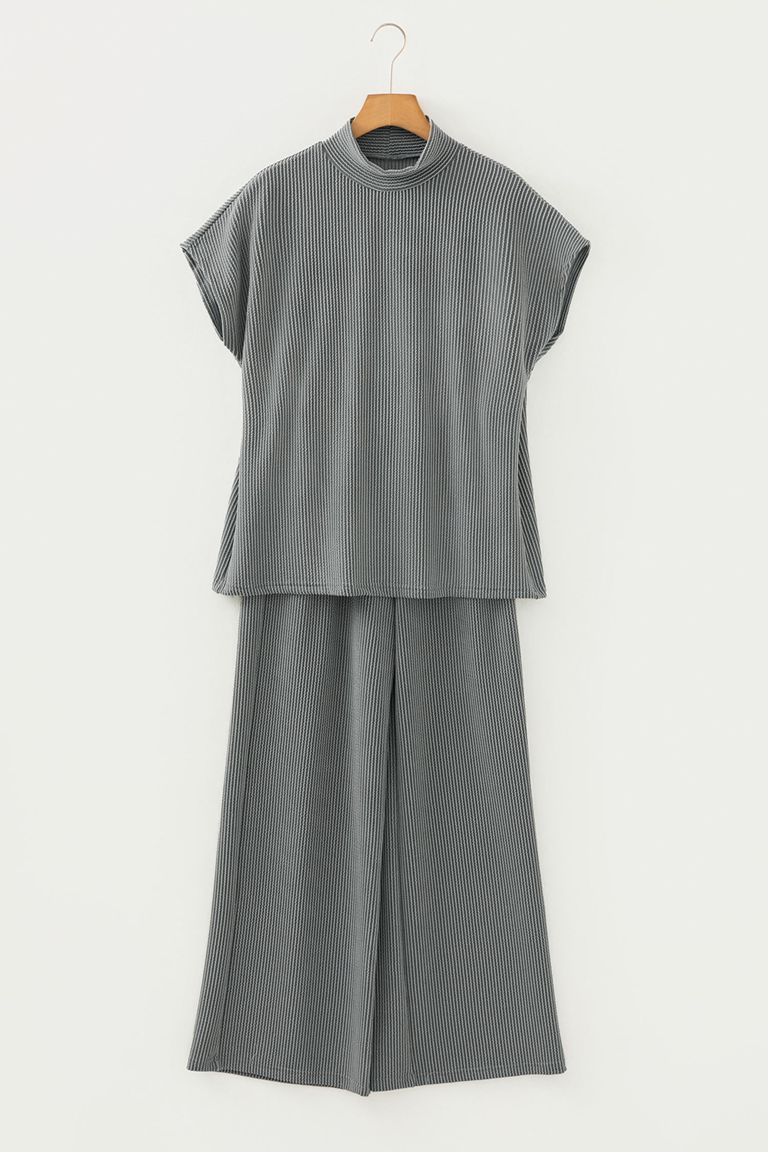 Dark Grey Twisted Ribbed High Neck Loose Tee Elastic High Waist Loose Pant Set