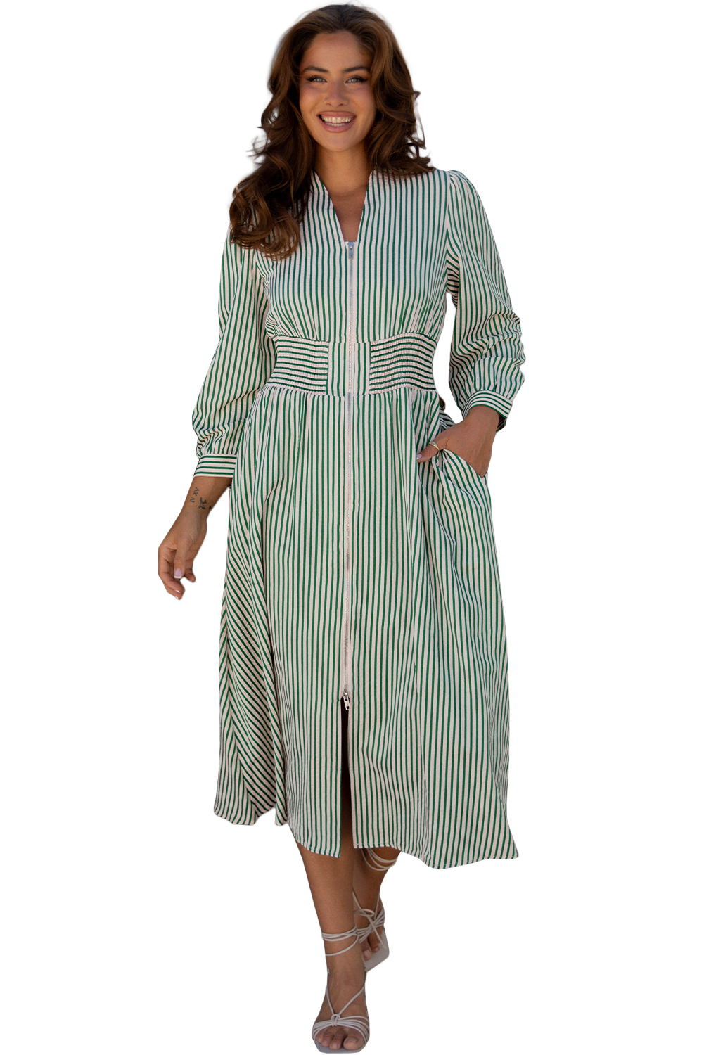 Coffee Plaid Print Full Zipper Cinched Waist Fit Flare Sleeveless Maxi Dress