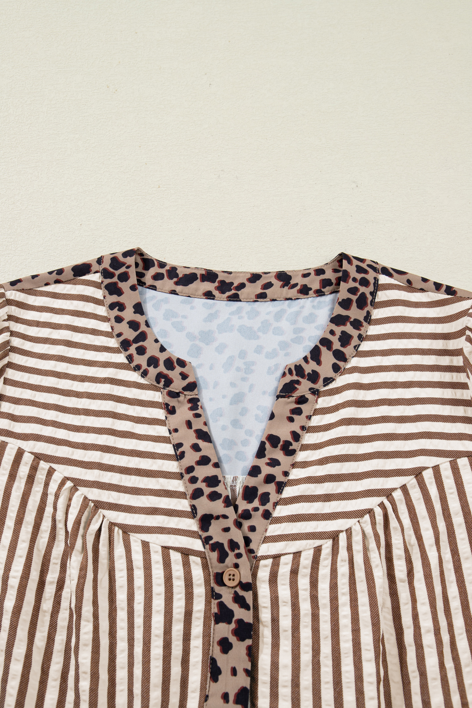Sky Blue Stripe Leopard Trim V Neck Button Down Half Sleeve Shirt