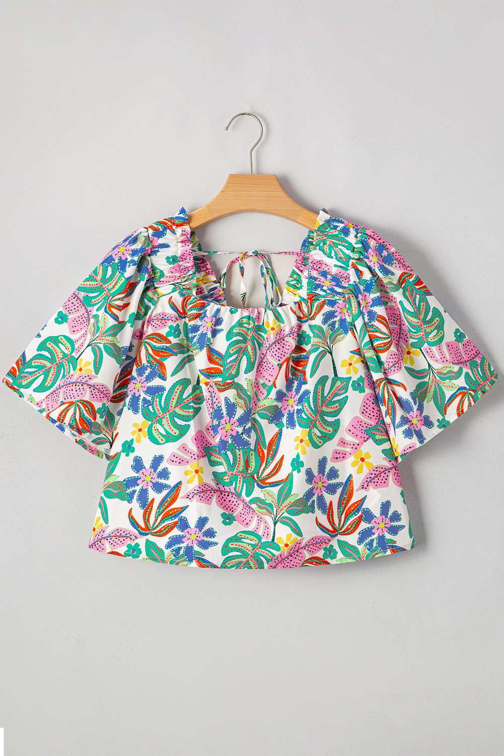 Green Plant Print Loose Fit Puff Sleeve Square Neck Blouse