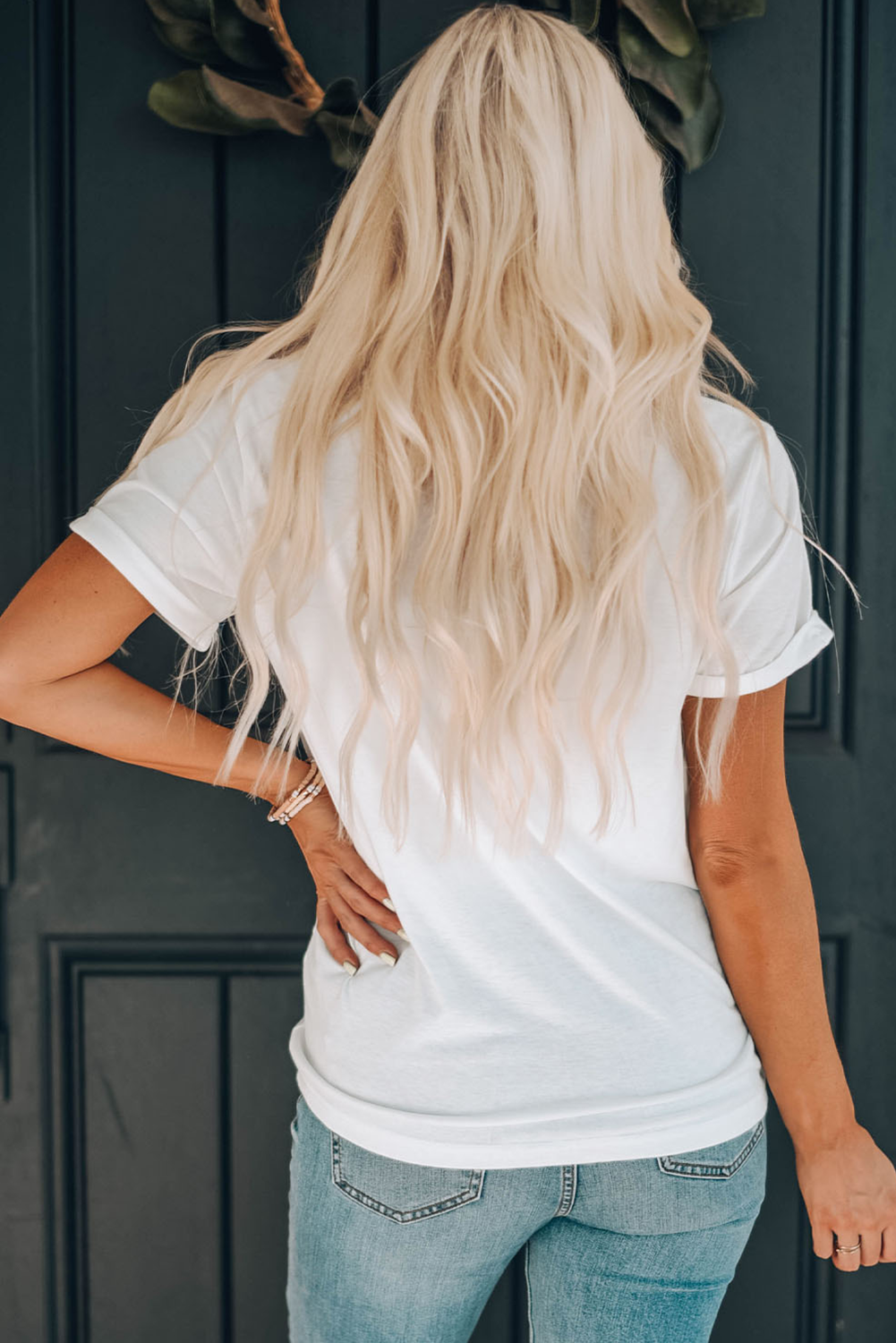 White Sequin Bow Strawberry Graphic Crew Neck T Shirt