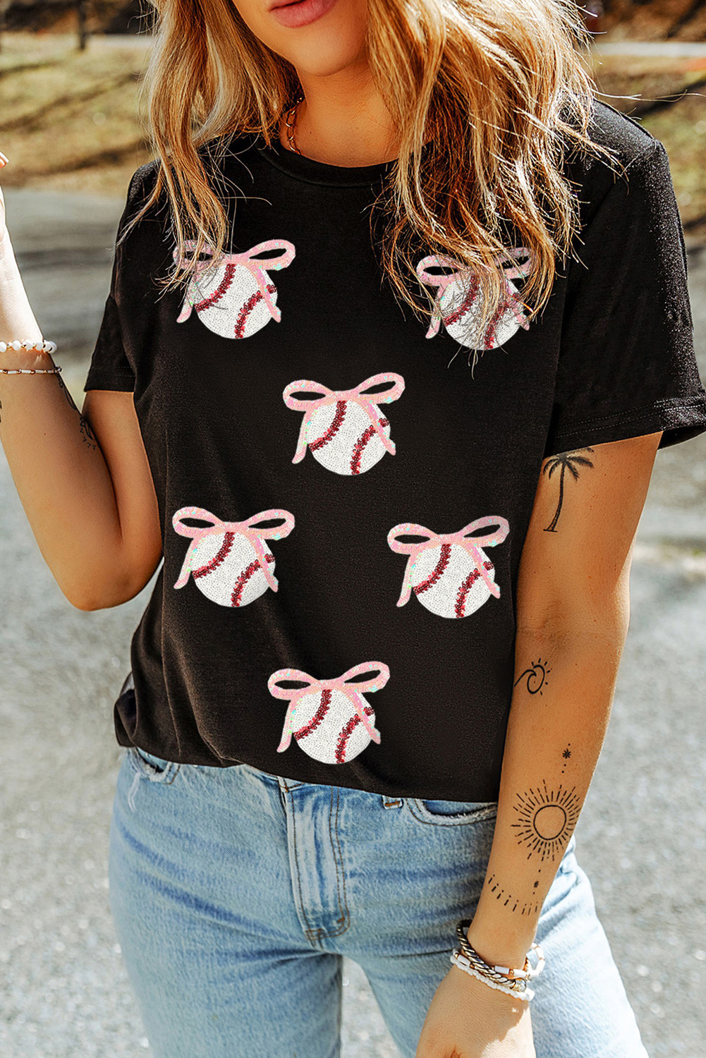 Black Shimmering Sequin Bow Ball Patterned Game Day Casual Tee