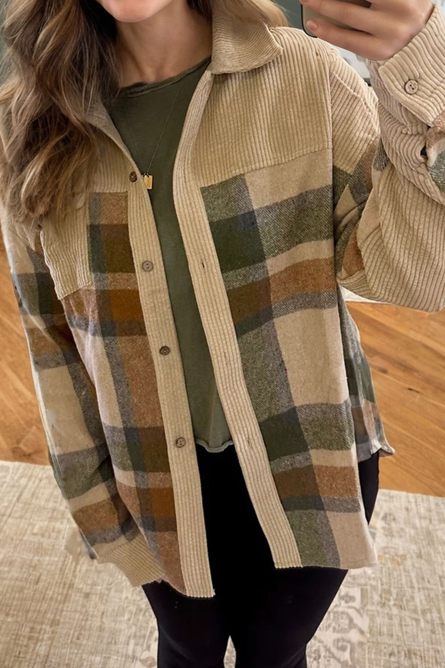 Parchment Retro Plaid Corduroy Patchwork Shacket