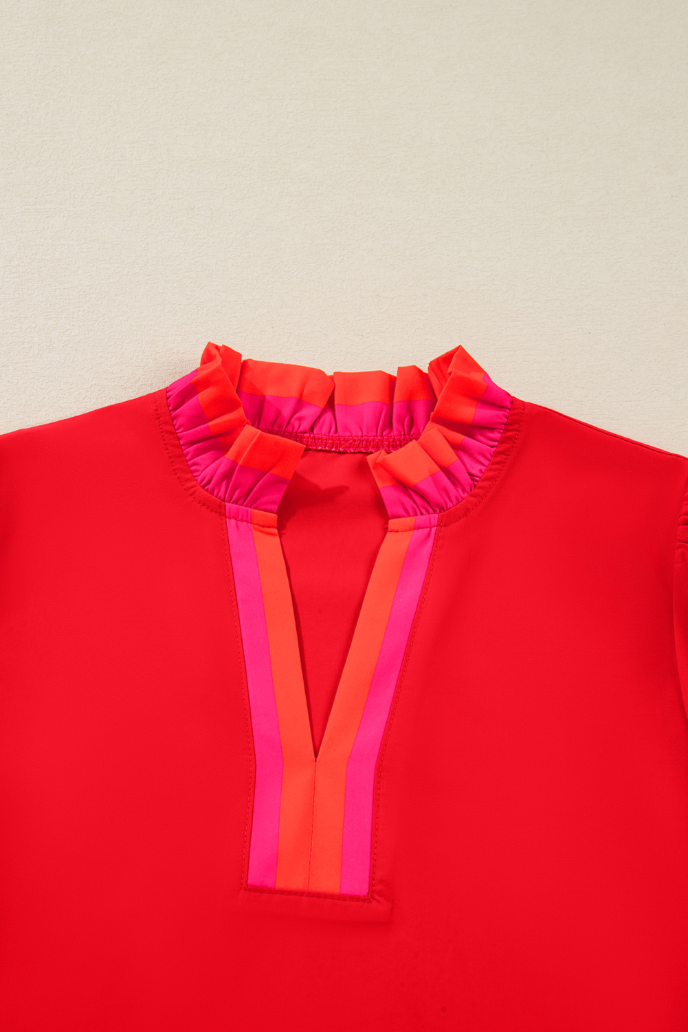 Four Leaf Clover Striped Trim Ruffle Split Neck Long Sleeve Blouse