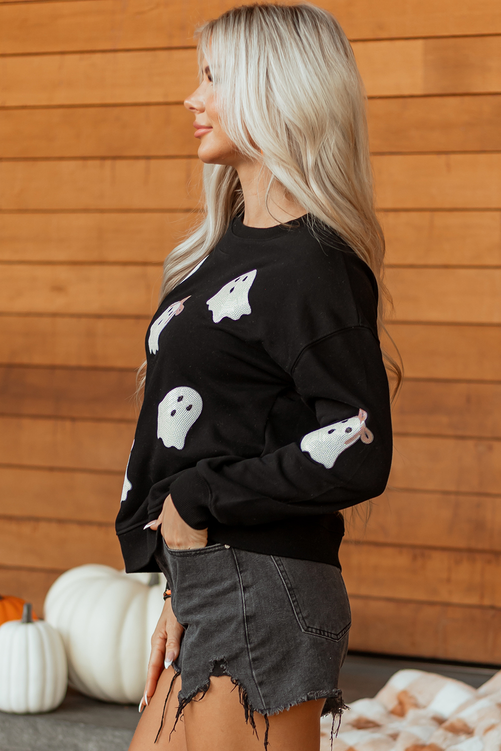 Wisteria Glitter Trim Chenille Ghost Patched Halloween Graphic Tee