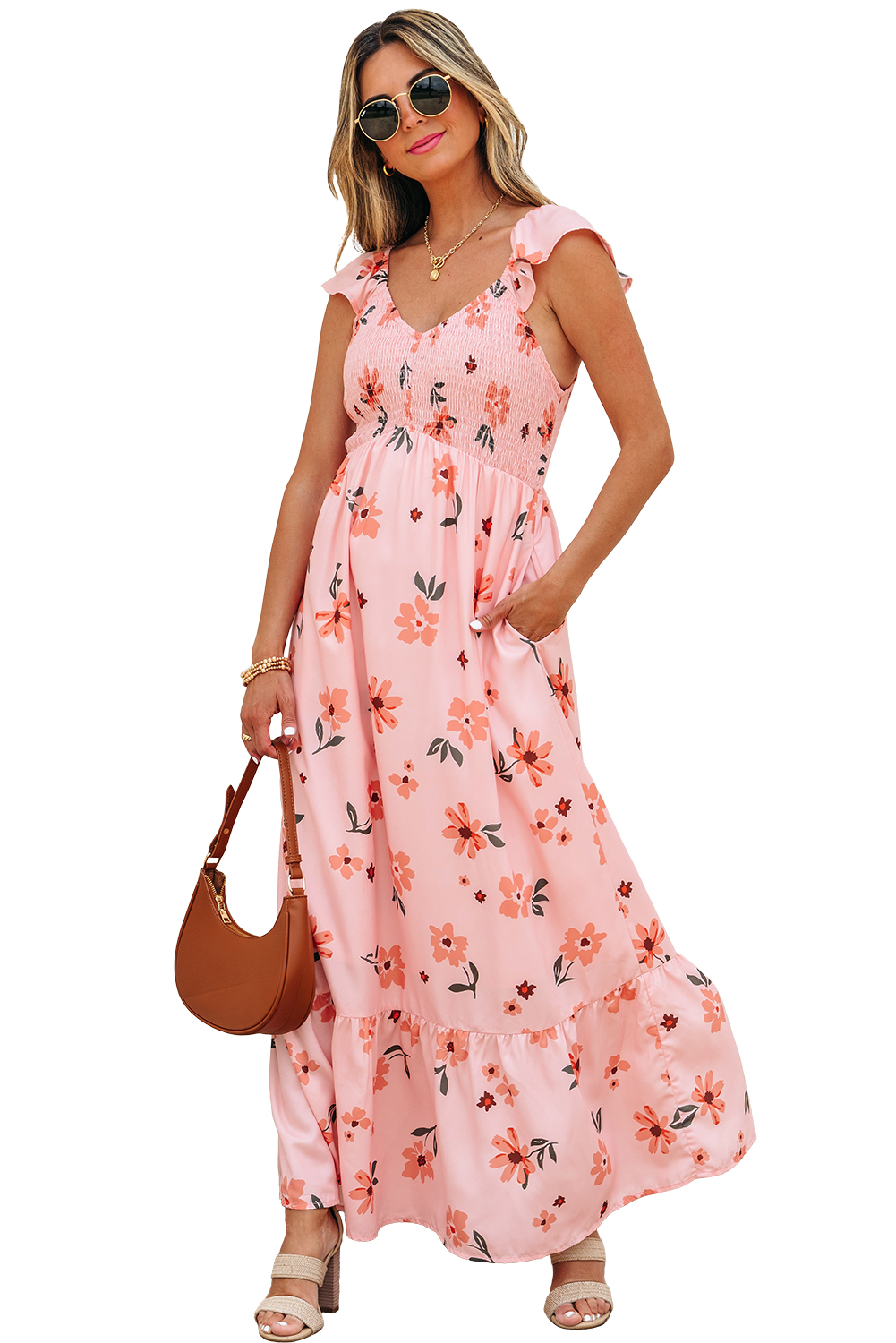 Black V Neck Flutter Sleeve Smocked Bodice High Waist Ruffle Maxi Dress