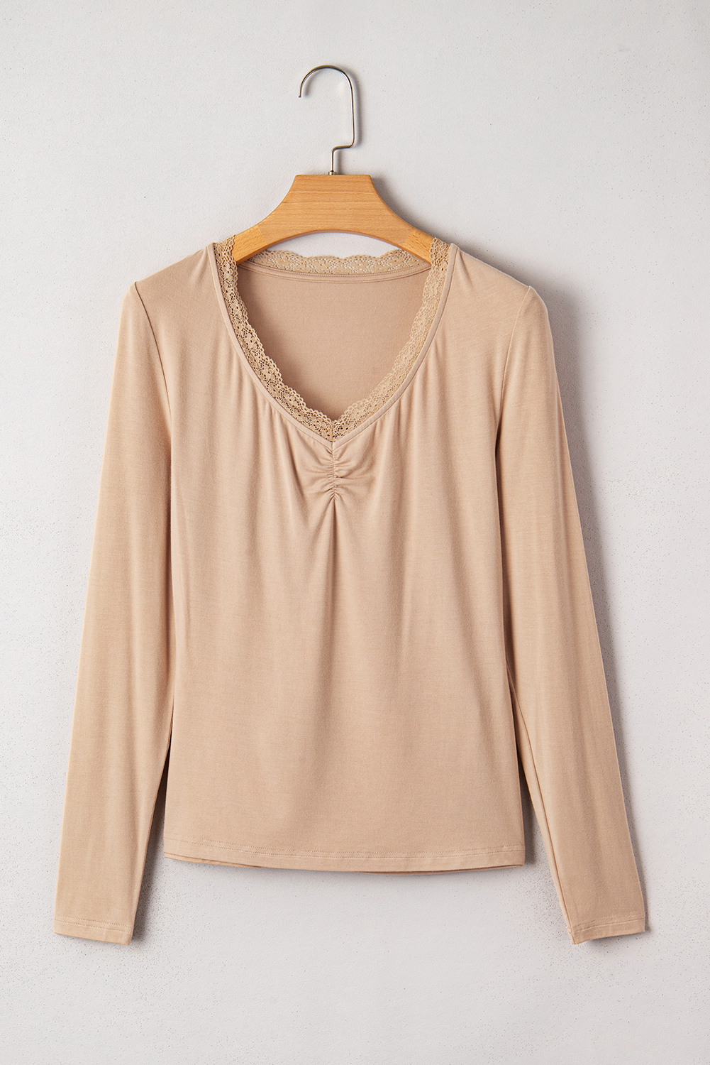 Red Dahlia Lace-trimmed Sweetheart Neckline Ruched Detail Long Sleeve T-shirt