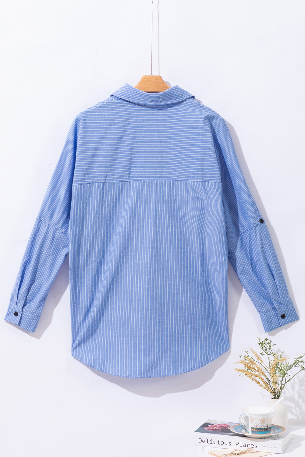 DEAR-LOVER Stripe Roll-tab Sleeve Pocketed Long Shirt