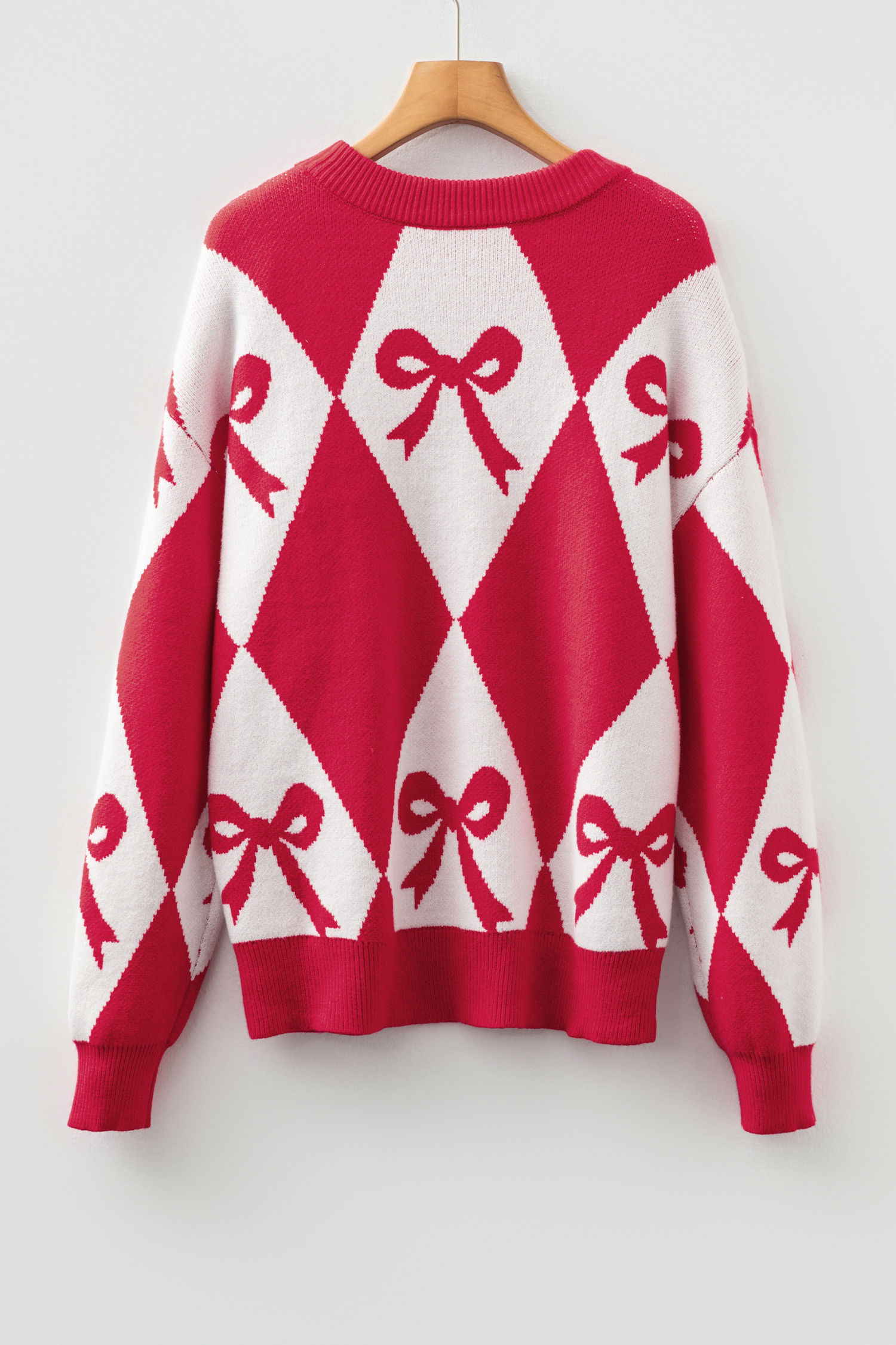Black Bow Print 2-tone Rhombus Knit Loose Sweater