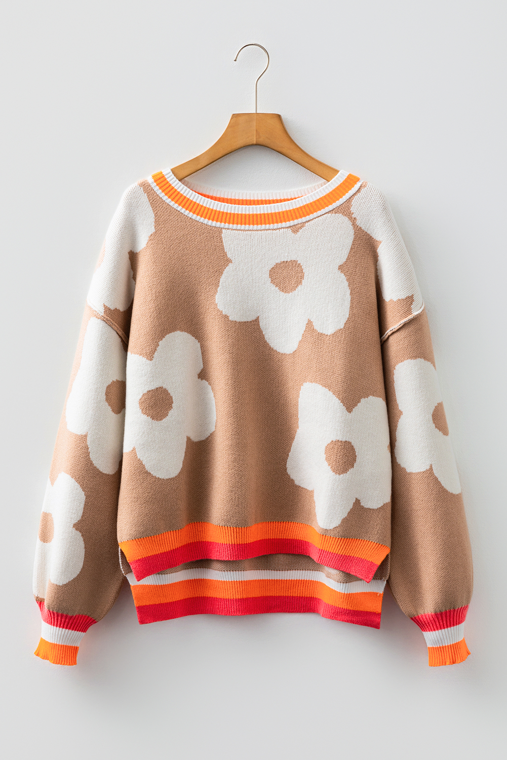 Smoke Gray Big Flower Pattern Contrast Striped Baggy Sweater