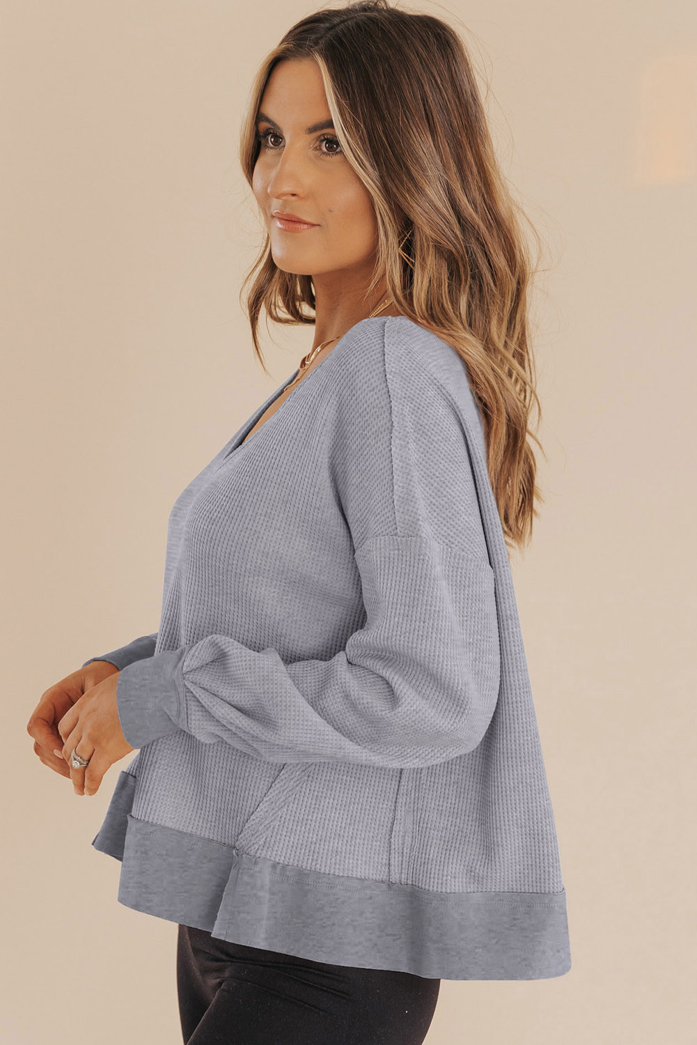 Dark Brown Waffle Knit Notched V Neck Drop Shoulder Solid Sweatshirt